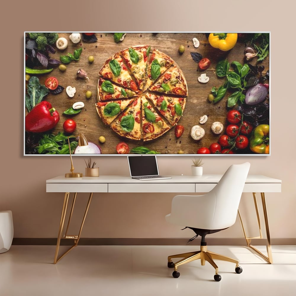 Tablou canvas cu tablou canvas cu pizza si legume, in rama de aluminiu argintiu, pe perete intr-un birou